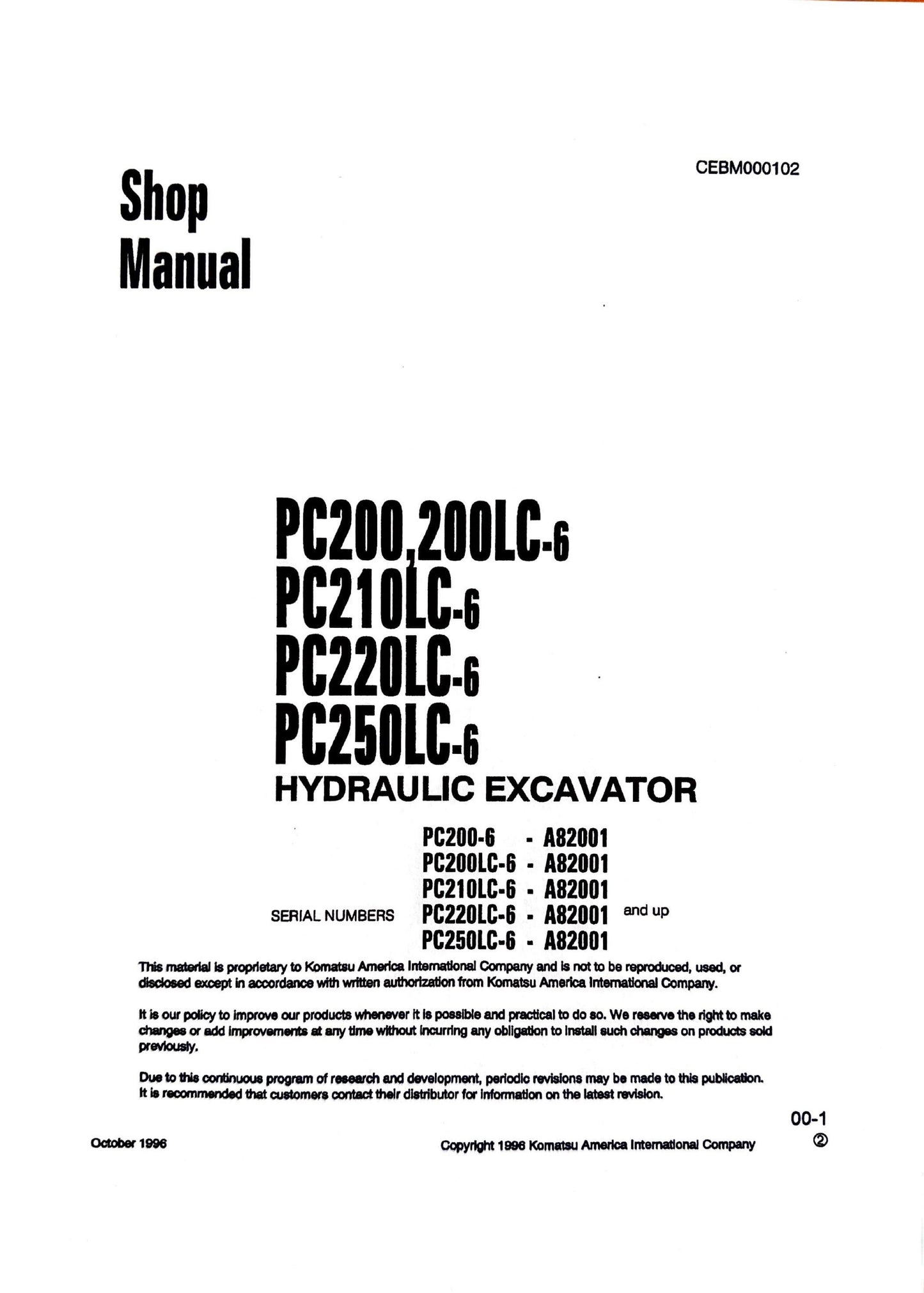 Komatsu PC200, PC200LC-6, PC210LC-6, PC220LC-6, PC250LC-6 Hydraulic Excavators Shop Manual - CEBM000102 Digital version