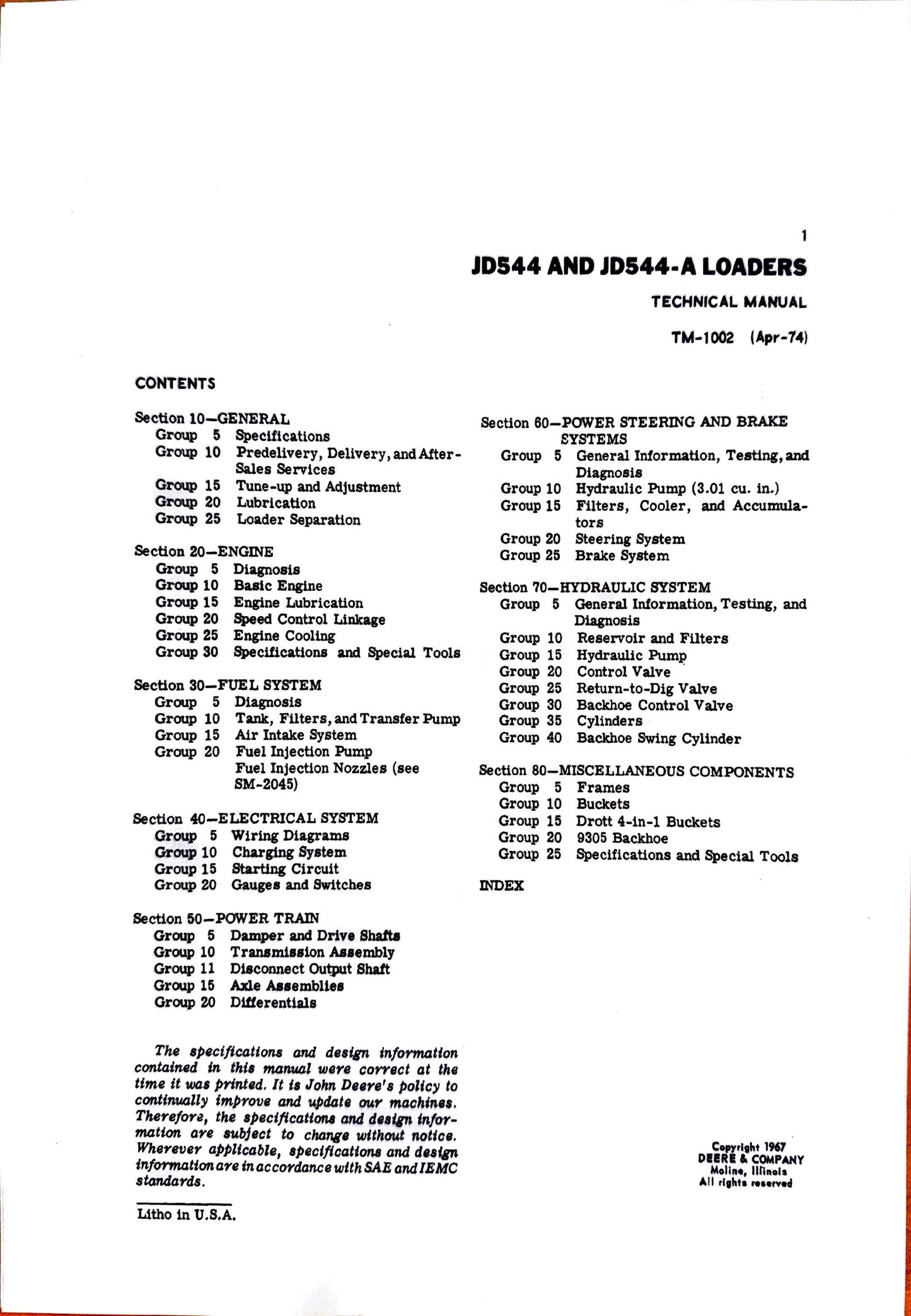 John Deere JD554 and JD544A Loaders Technical Manual TM1002 - digital version