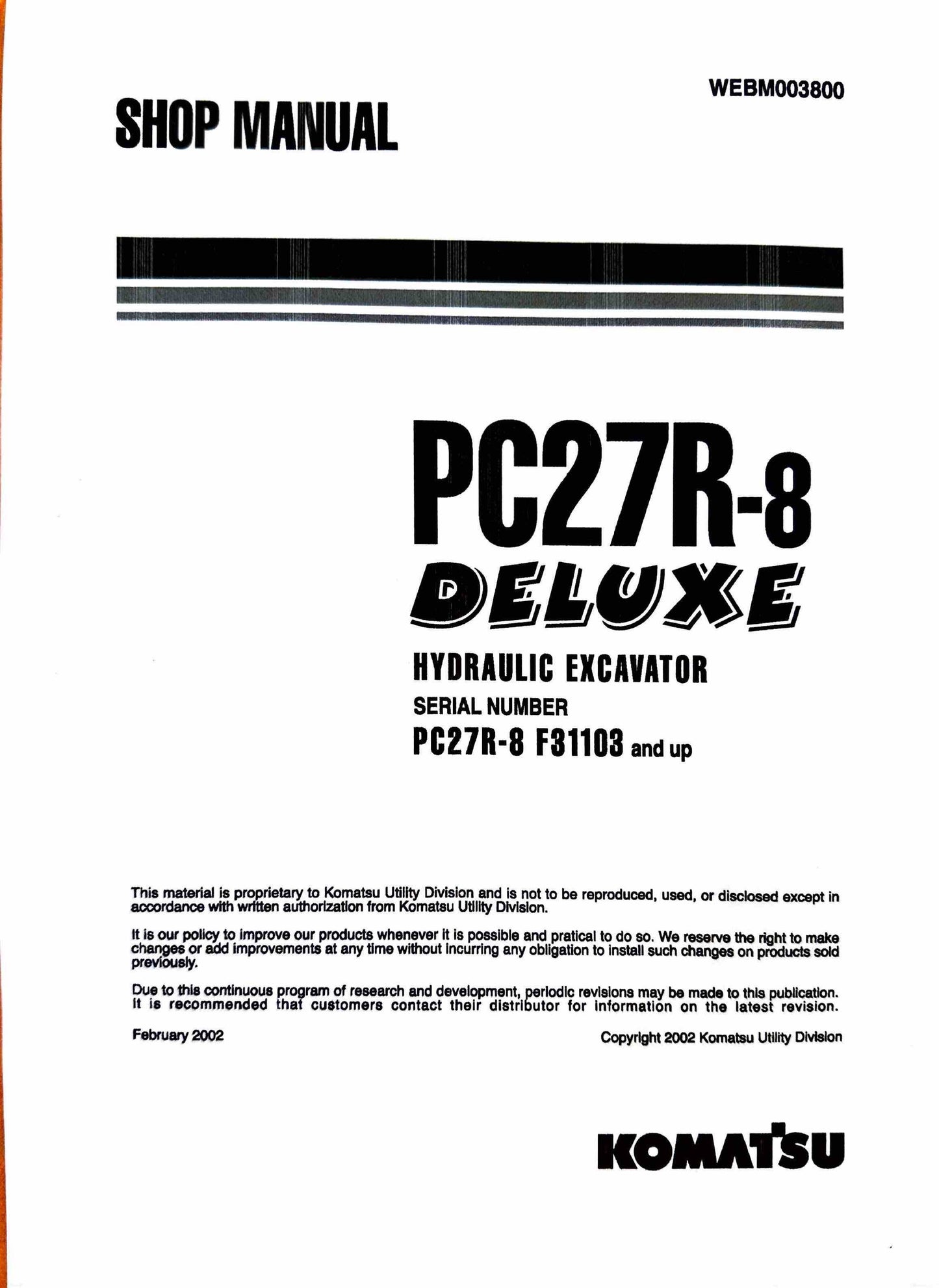 Komatsu PC27R-8 Deluxe hydraulic excavator Shop Manual WEBM003800 - digital version