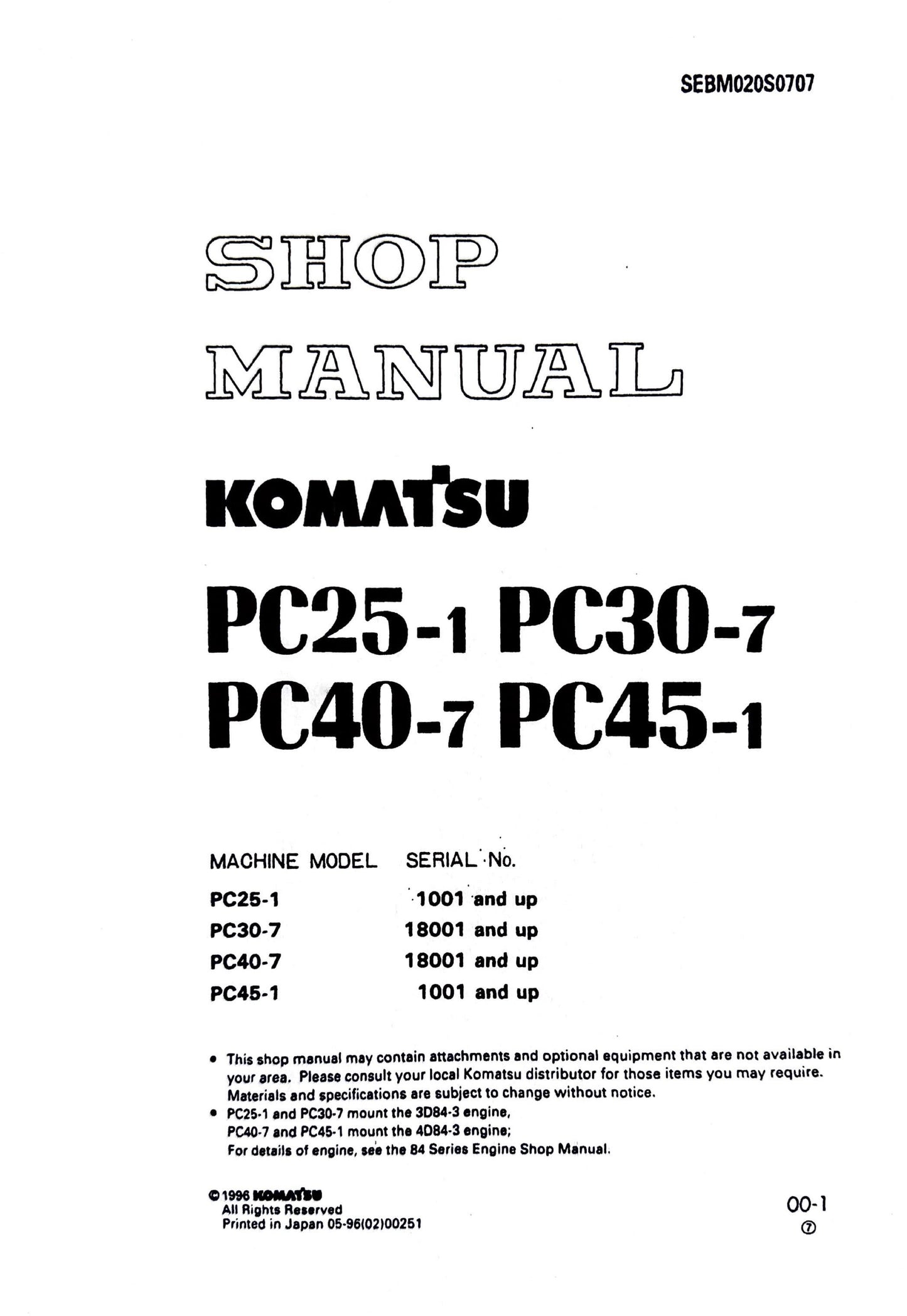 Komatsu PC25-1, PC30-7, PC40-7, PC45-1 Shop Manual - SEBM020S0707 Digital version