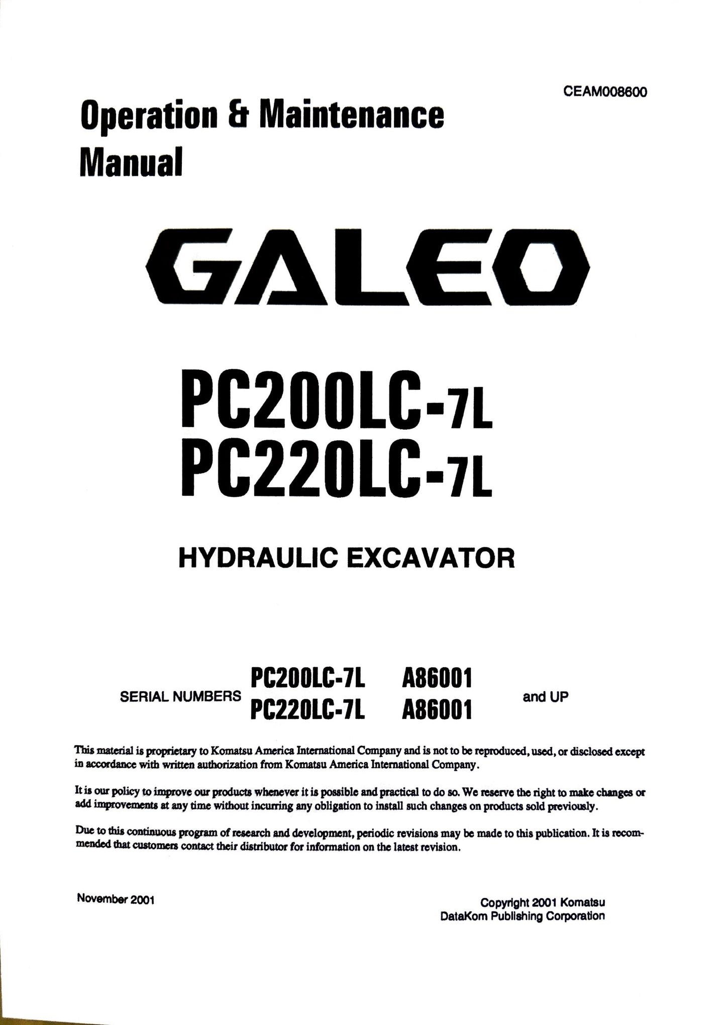 Komatsu Galeo PC200LC-7L and PC220LC-7L Hydraulic Excavator Operation & Maintenance Manual - CEAM008600 Digital version