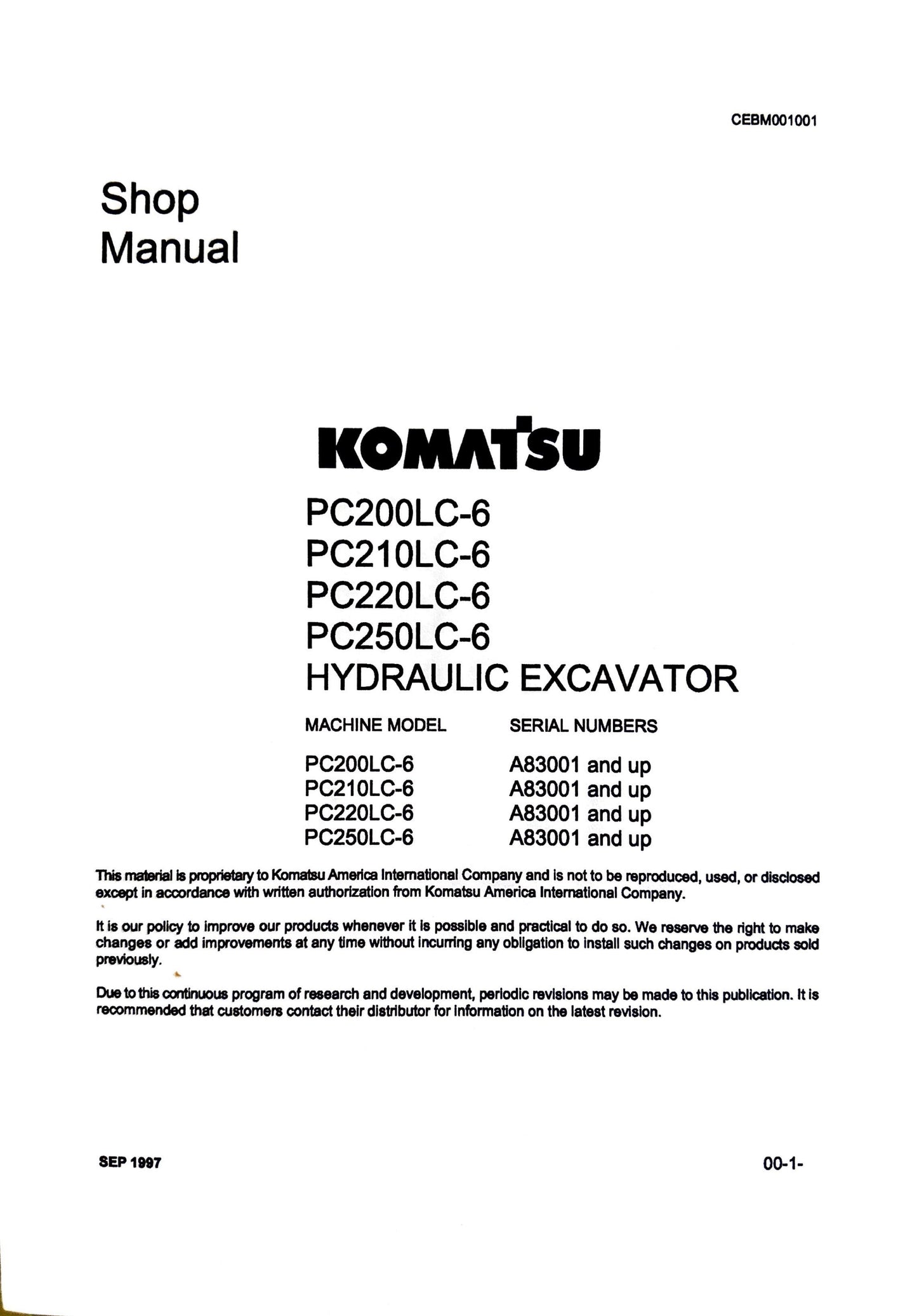 Komatsu PC200LC-6, PC210LC-6, PC220LC-6, PC250LC-6 Hydraulic Excavators Shop Manual - CEBM001001 Digital version