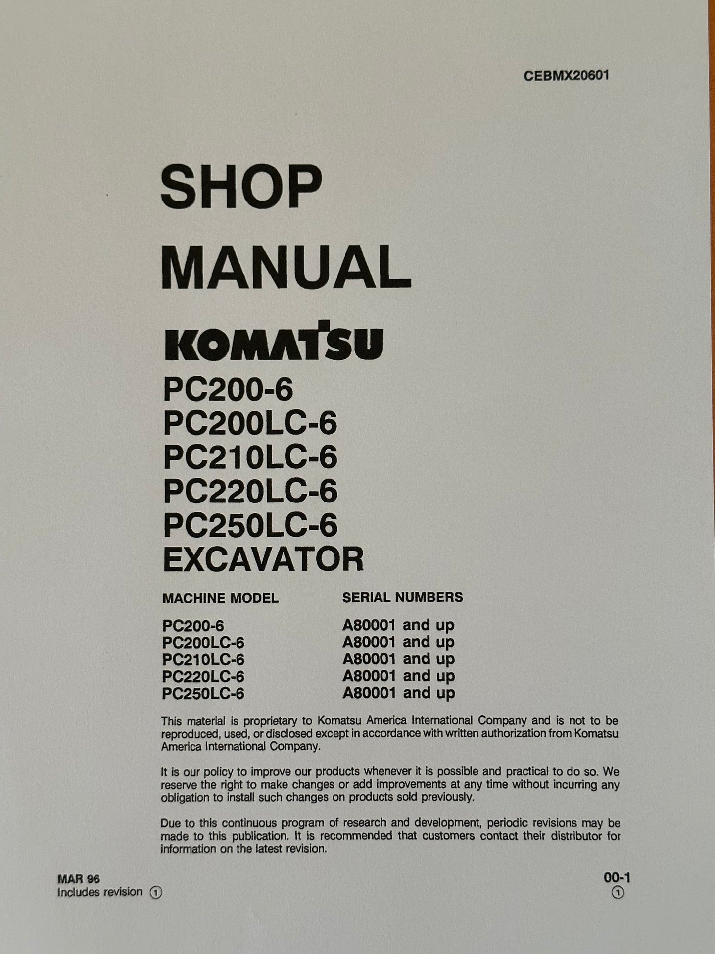 Komatsu PC200-6, PC200LC-6, PC210LC-6, PC220LC-6, PC250LC-6 Excavators Shop Manual - CEBMX20601 Digital version