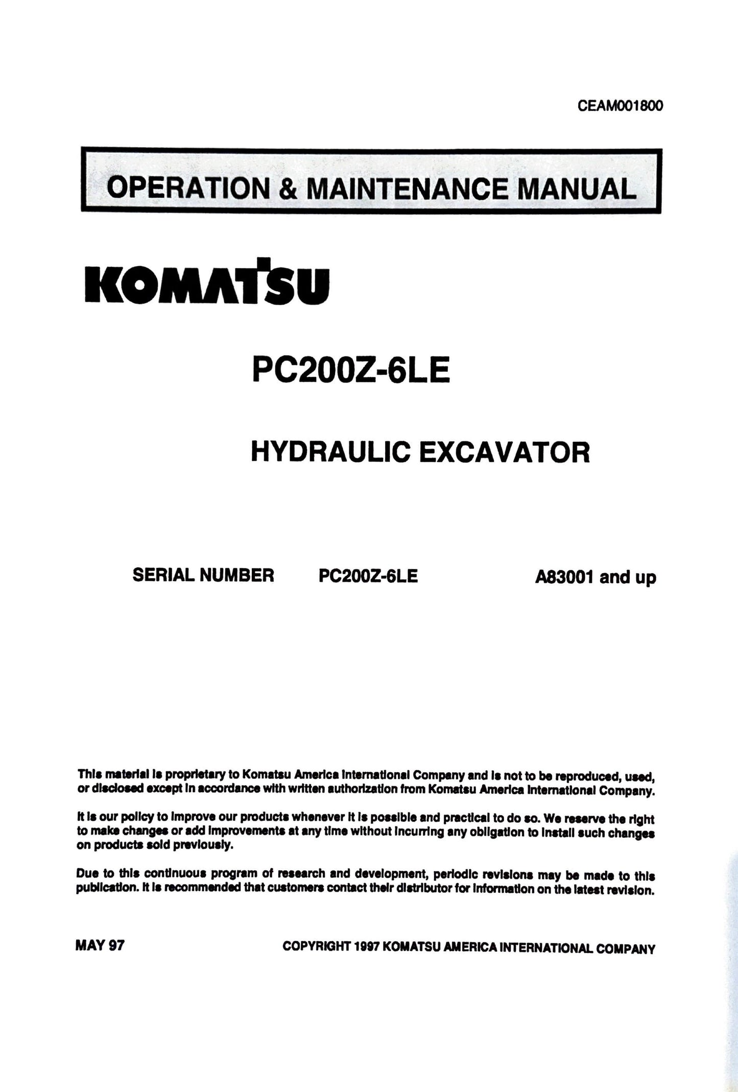 Komatsu PC200Z-6LE Hydraulic Excavator Operation & Maintenance Manual - CEAM001800 Digital version
