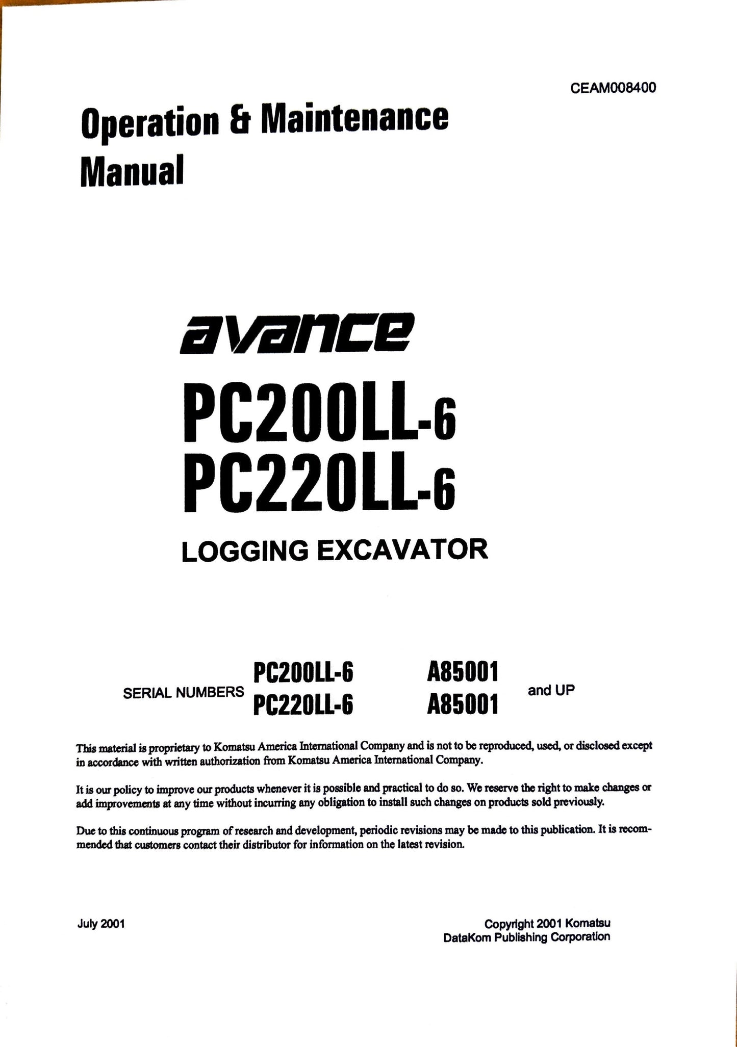 Komatsu PC200LL-6 and PC220LL-6 Logging Excavator Operation & Maintenance Manual - CEAM008400 Digital version
