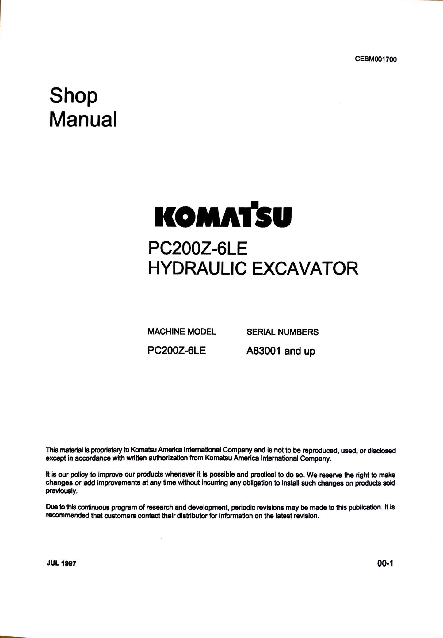 Komatsu PC200Z-6LE Hydraulic Excavator Shop Manual - CEBM001700 Digital version