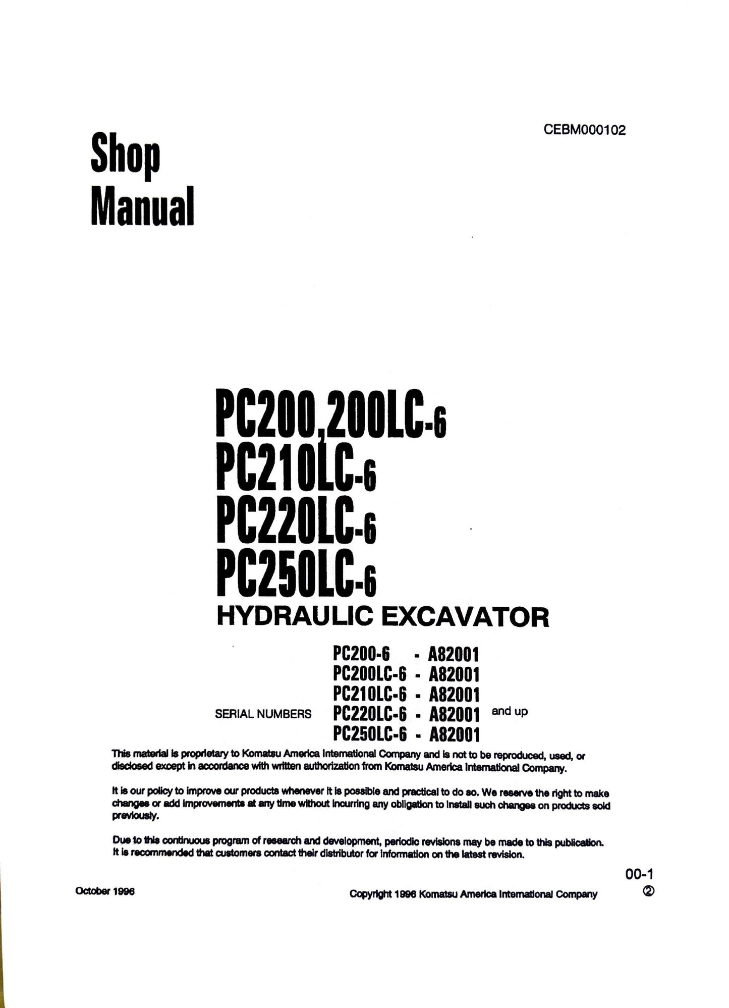 Komatsu PC200, PC200LC-6, PC210LC-6, PC220LC-6, PC250LC-6 Hydraulic Excavators Shop Manual - CEBM000102 Digital version