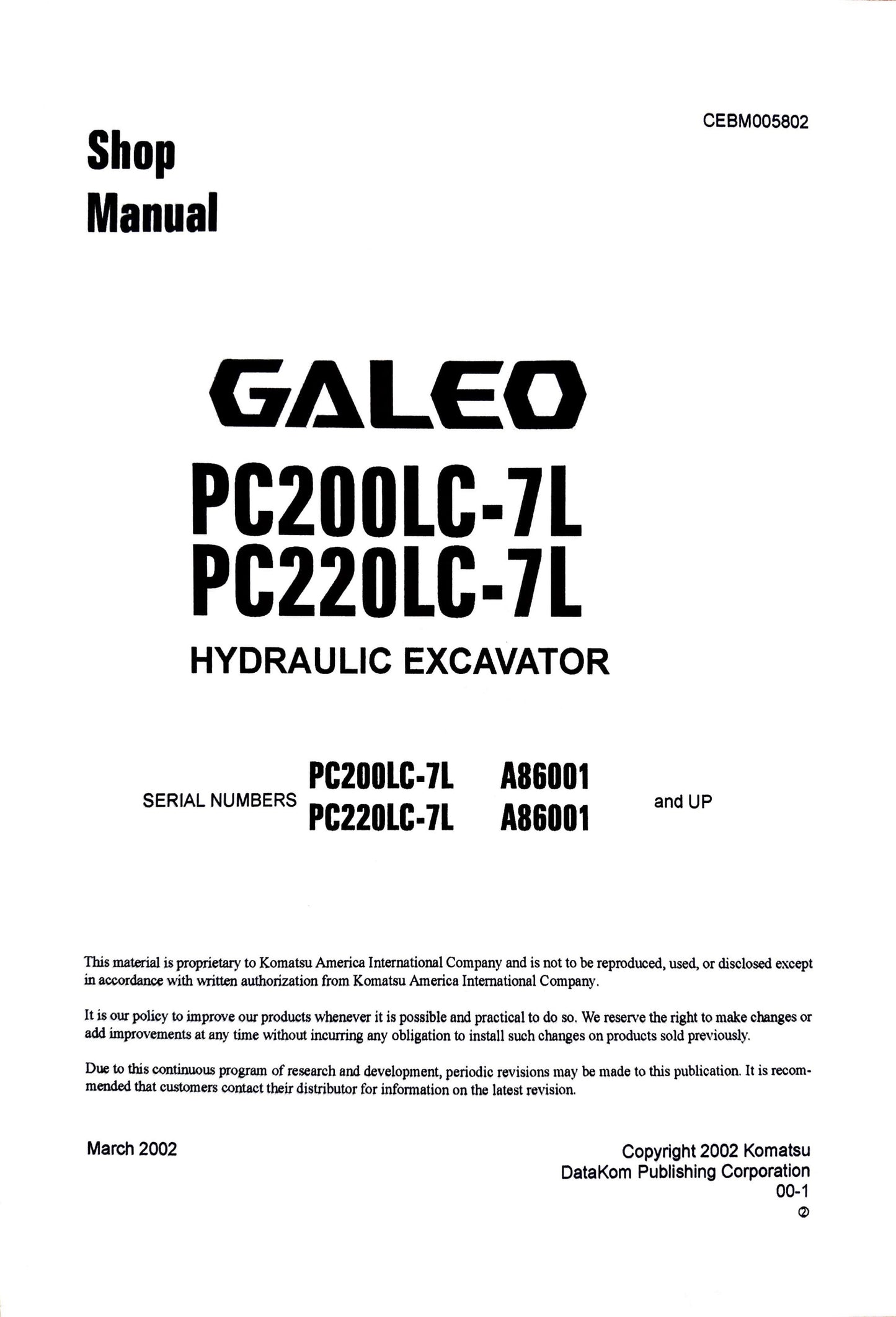 Komatsu Galeo PC200LC-7L and PC220LC-7L Hydraulic Excavator Shop Manual - CEBM005802 Digital version