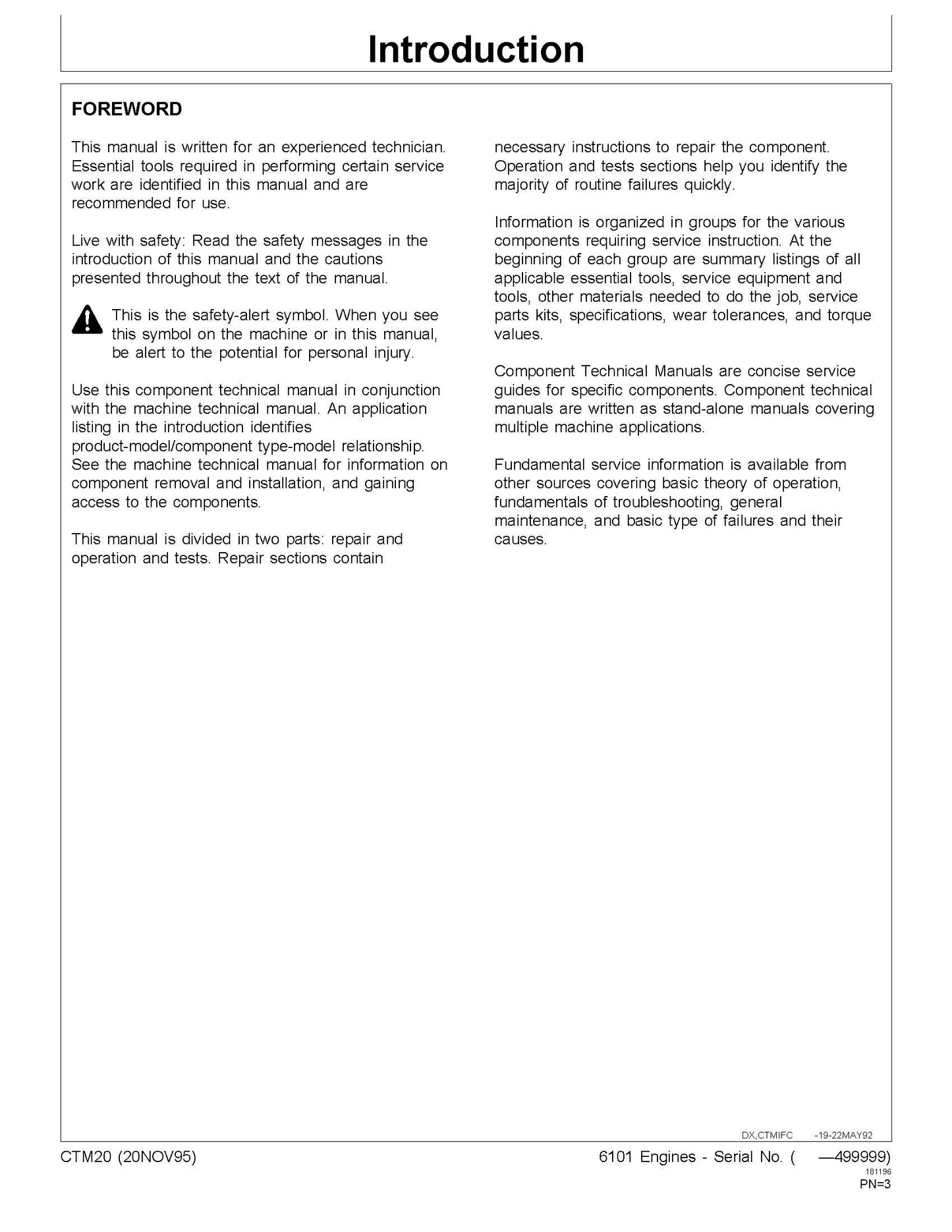 John Deere Series 500, 6101 Diesel Engines Component Technical Manual CTM20 Digital version