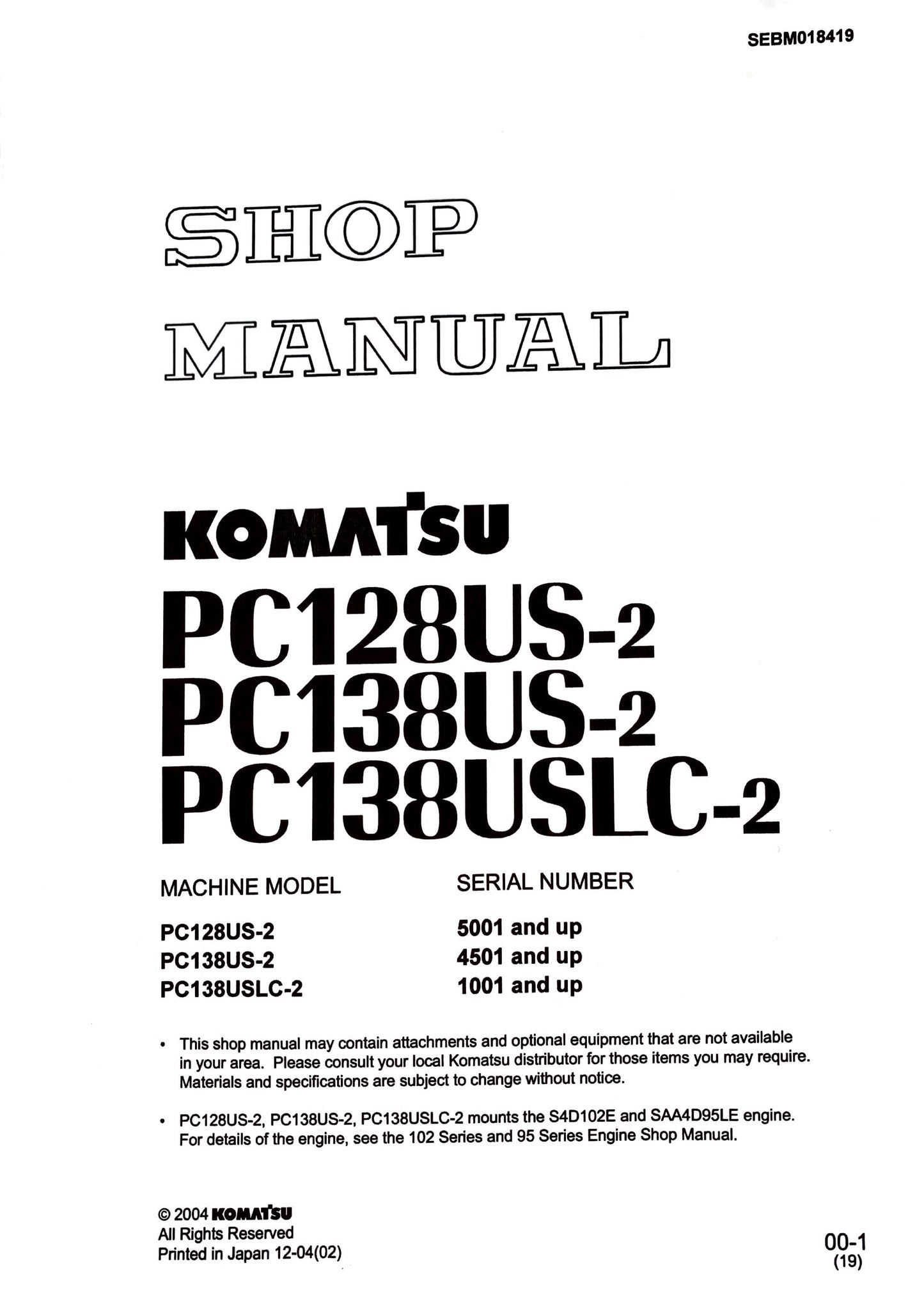 Komatsu PC128US-2, PC138US-2, PC138USLC-2 excavators Service Manual - SEBM018419 Digital version
