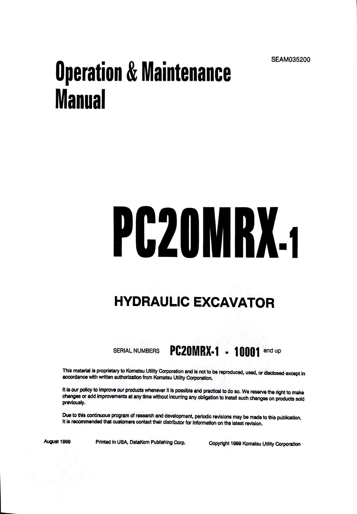 Komatsu PC20MRX-1 Hydraulic excavator Operation and Maintenance manual - SEAM035200 - Digital version