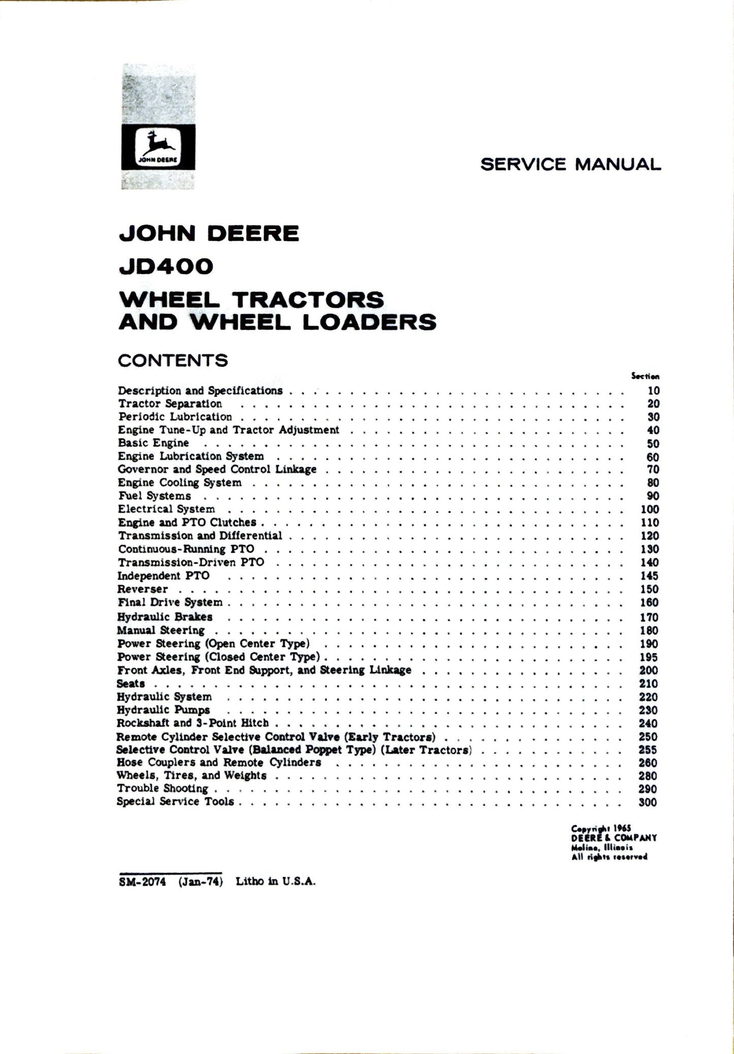 JOHN DEERE 400 WHEEL TRACTORS & WHEEL LOADERS Service Manual SM2074 - digital version