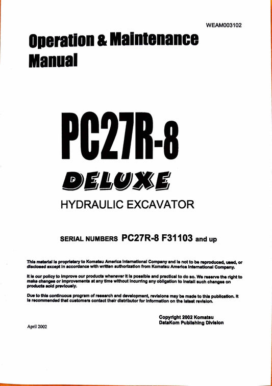 Komatsu PC27R-8 Deluxe hydraulic excavator Operation and Maintenance manual - digital version