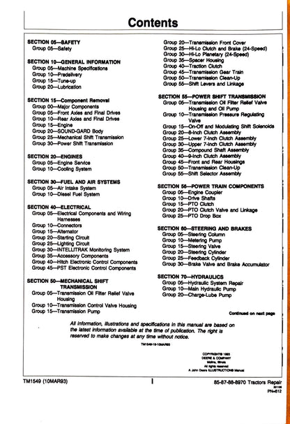 John Deere 8570, 8770, 8870 and 8970 Tractors Repair manual TM1549 - digital version