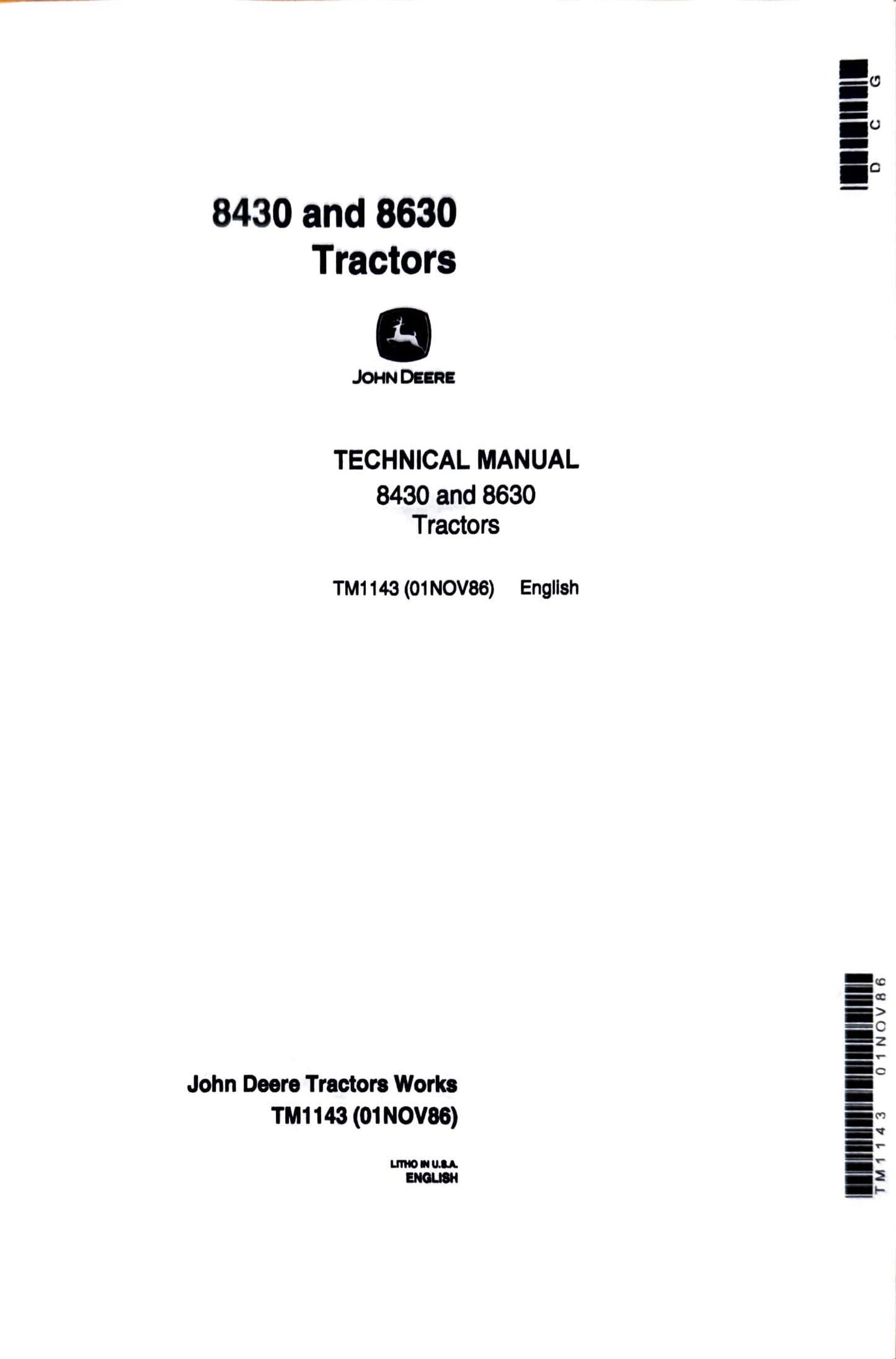 John Deere 8430 and 8630 Tractors Technical manual TM1143 - digital version