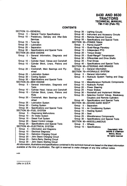 John Deere 8430 and 8630 Tractors Technical manual TM1143 - digital version