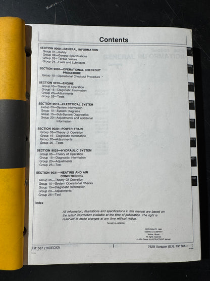 John Deere 762B scraper Operations and Test manual  TM1567 - physical product