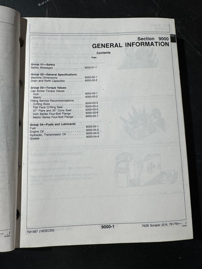 John Deere 762B scraper Operations and Test manual  TM1567 - physical product