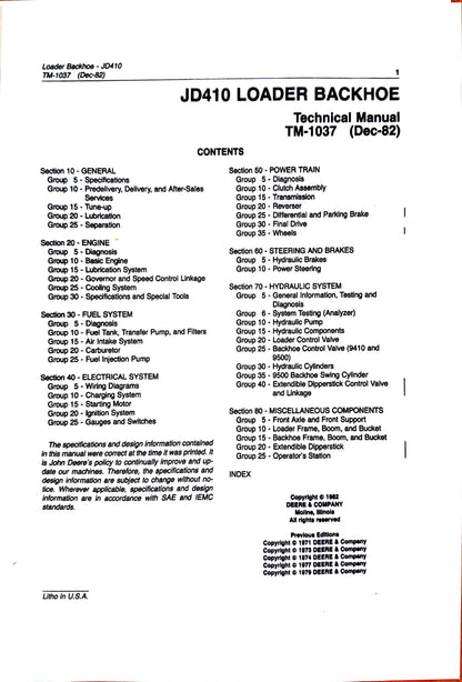 John Deere 410 Backhoe Loader technical manual -  TM1037 - digital version
