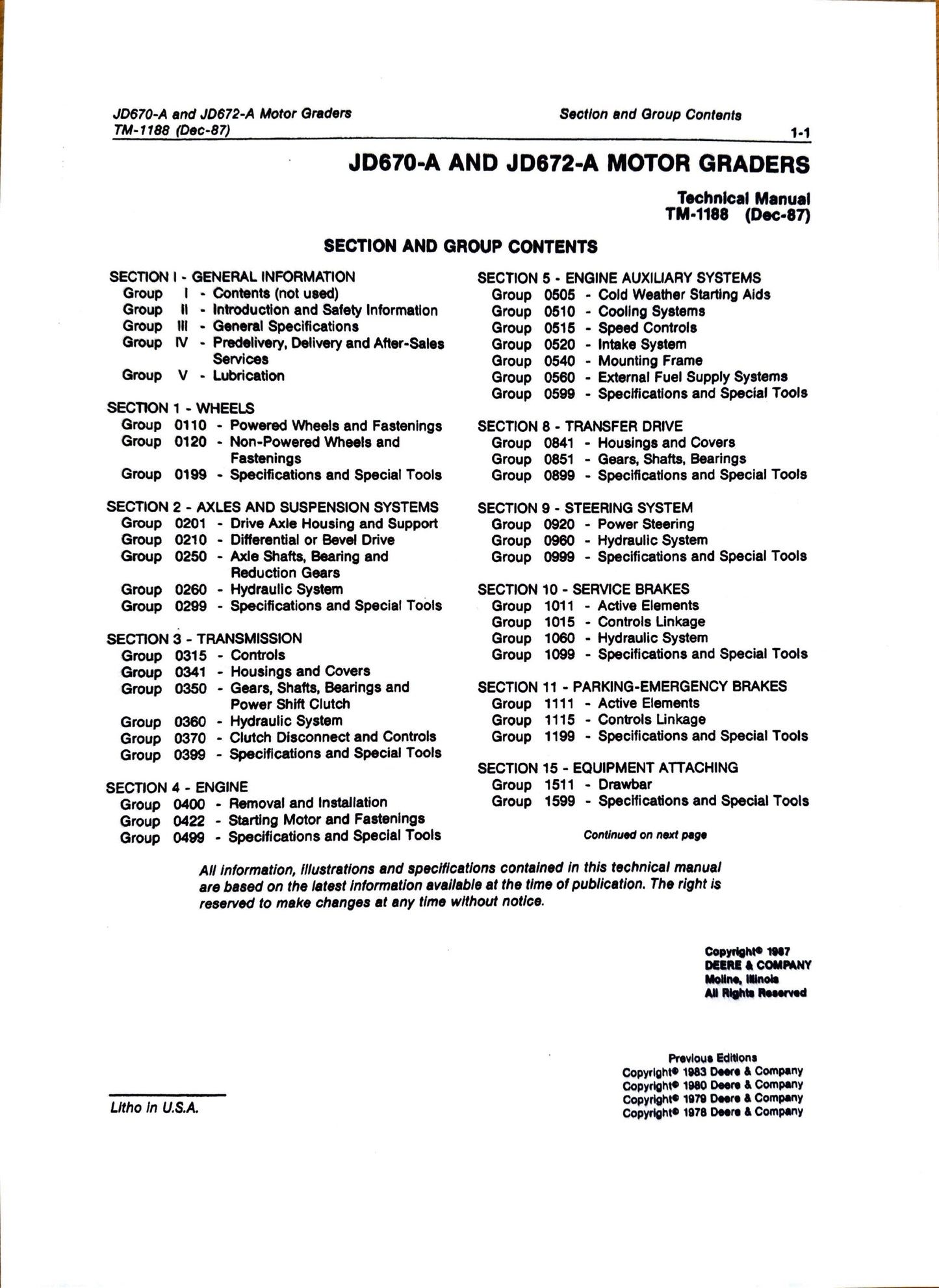 John Deere JD670A and 672A motor grader repair technical manual -  TM1188 - digital version