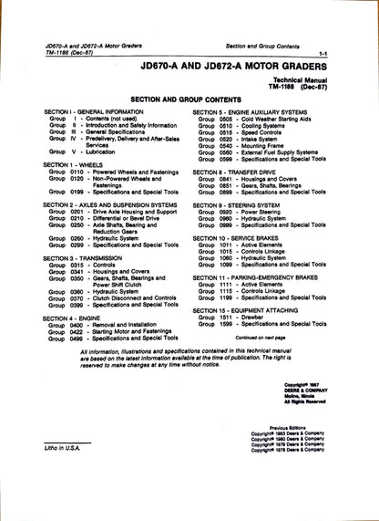 John Deere JD670A and 672A motor grader repair technical manual -  TM1188 - digital version