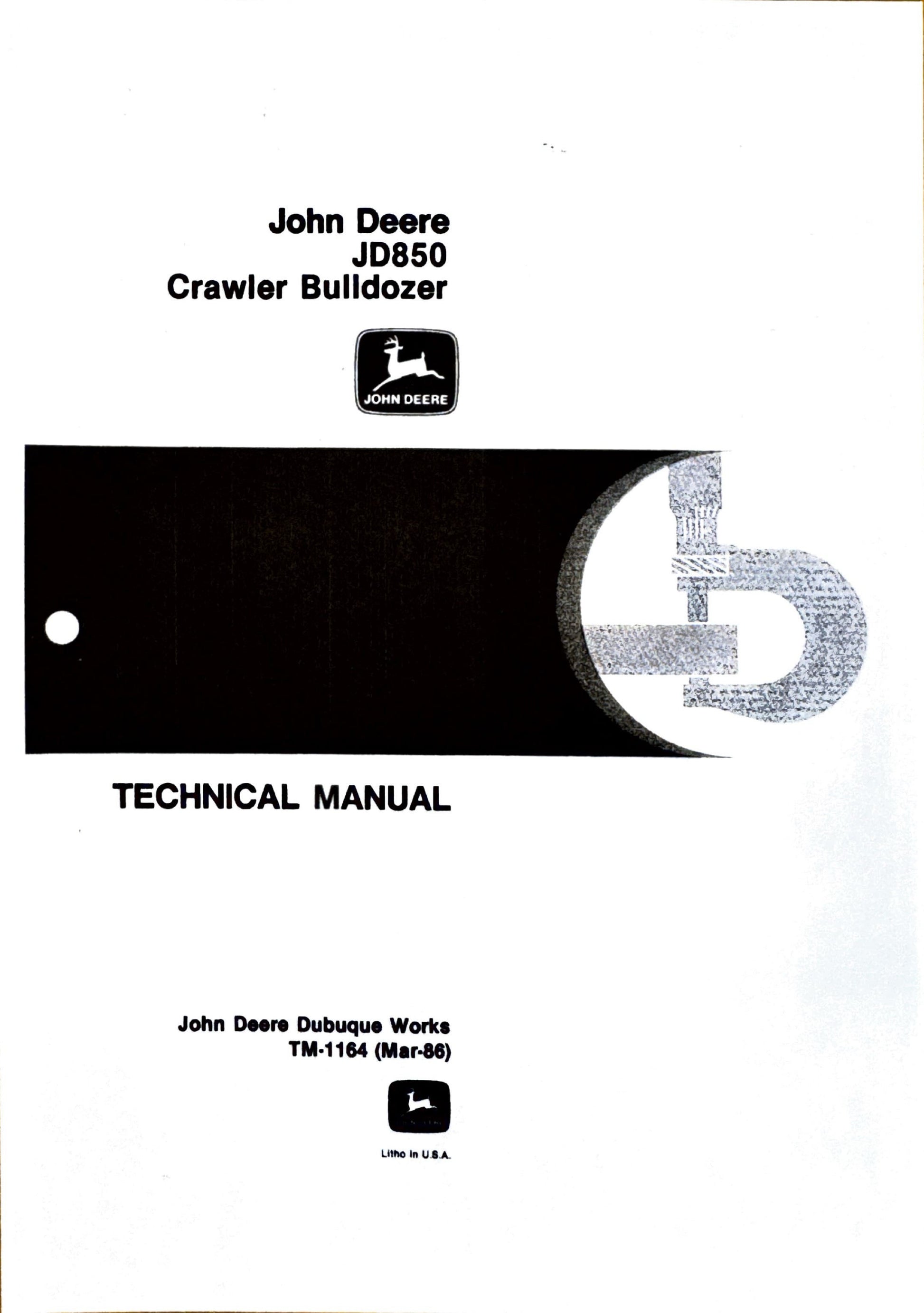 Technical manual cover for John Deere JD850 Crawler Bulldozer on a white background