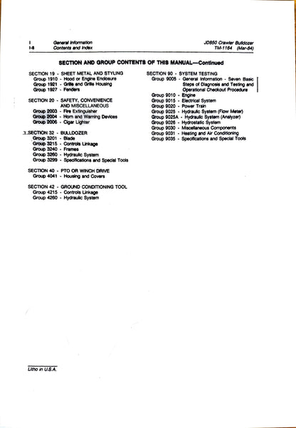 John Deere JD850 crawler bulldozer technical manual -  TM1164 - digital version