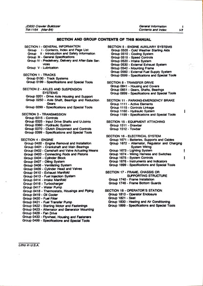 John Deere JD850 crawler bulldozer technical manual -  TM1164 - digital version