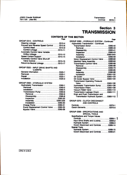 John Deere JD850 crawler bulldozer technical manual -  TM1164 - digital version