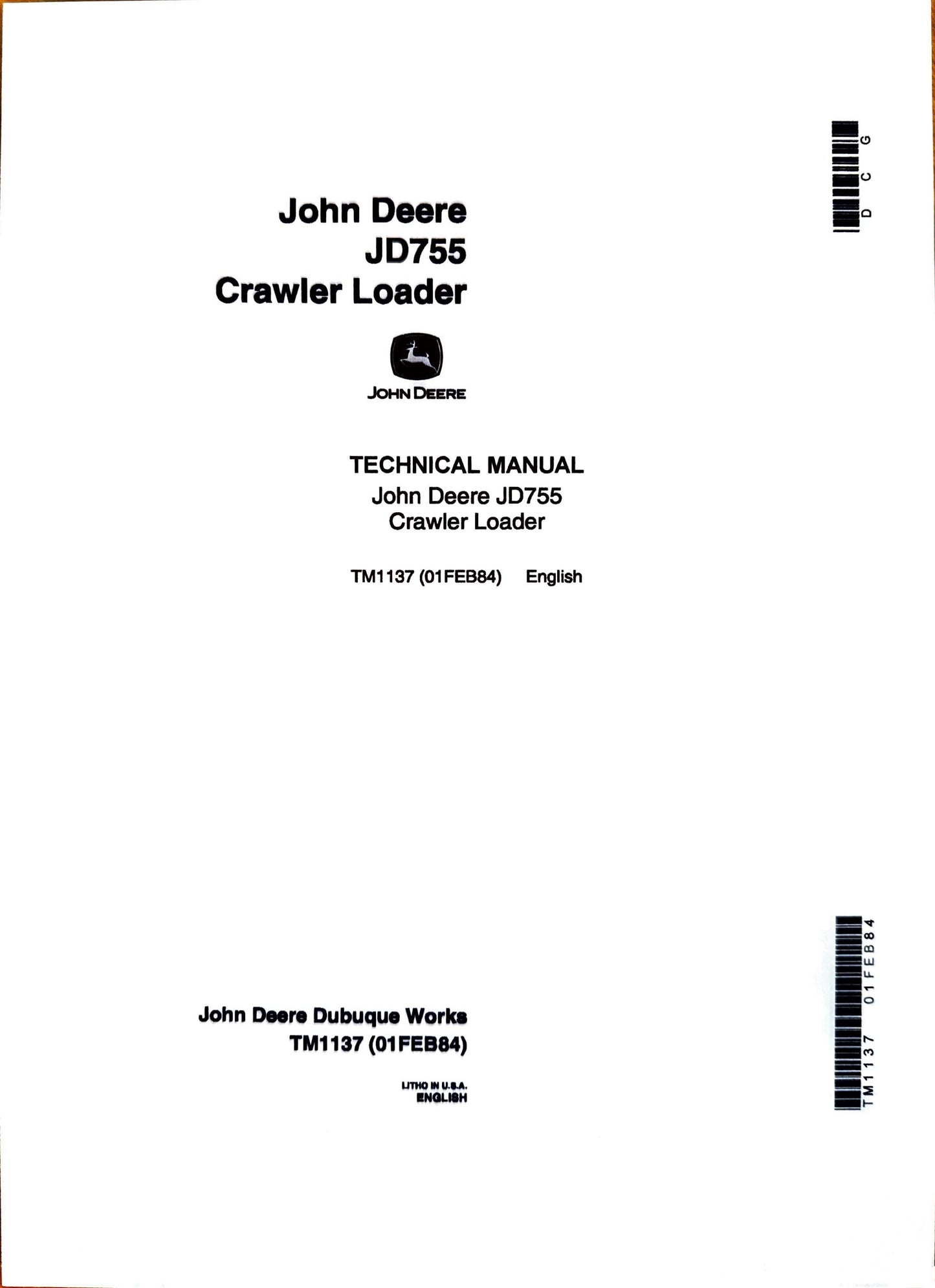 Technical manual cover for John Deere JD755 Crawler Loader on a white background