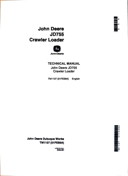 Technical manual cover for John Deere JD755 Crawler Loader on a white background