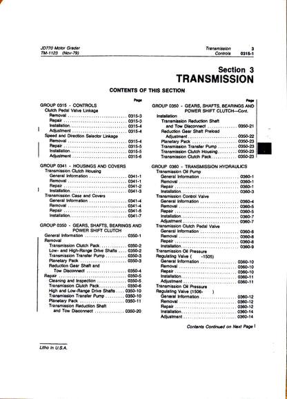 John Deere JD770 Motor Grader technical manual -  TM1123 - digital version