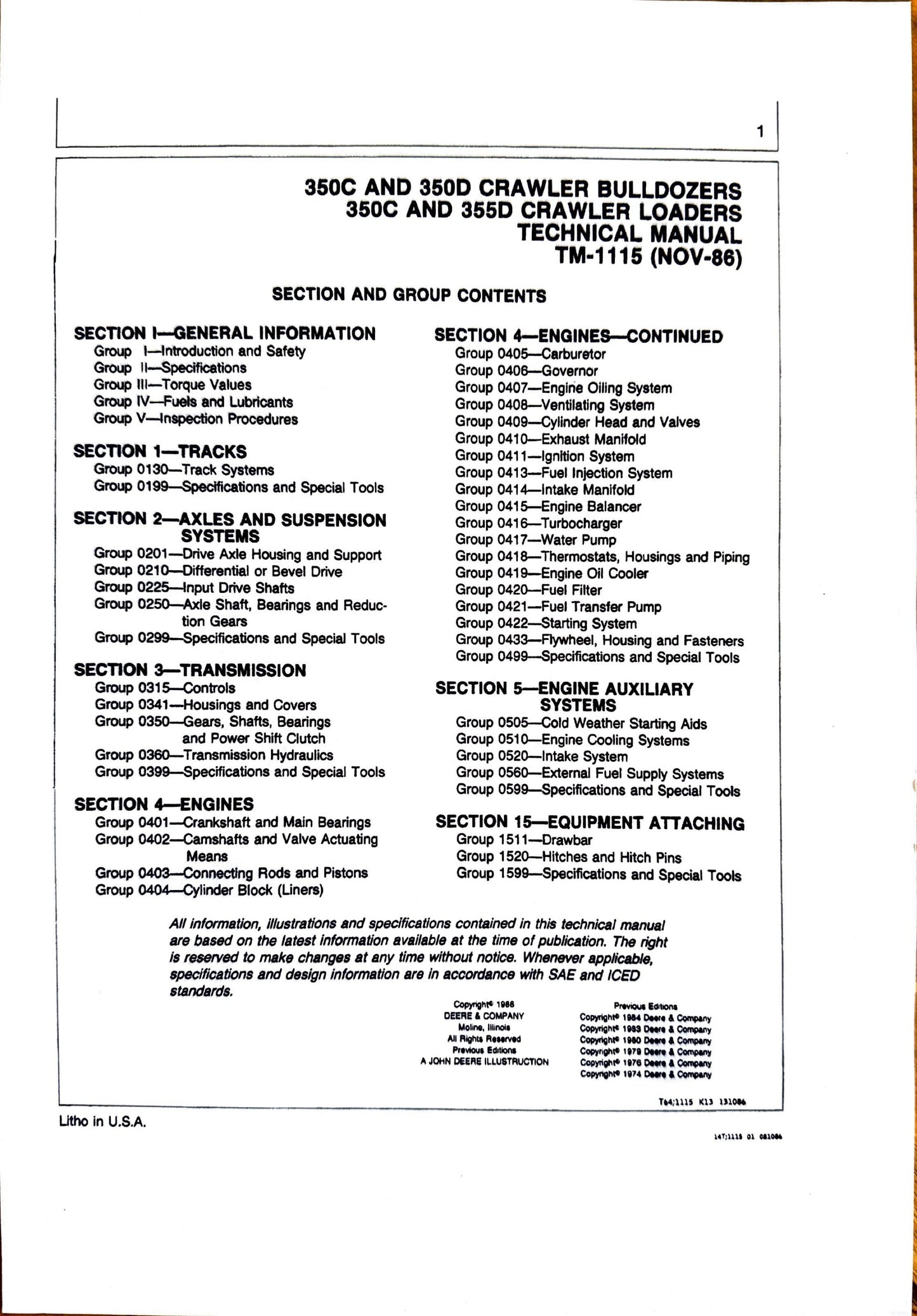 John Deere 350C, 350D crawler bulldozer, 350C, 355D crawler loader technical manual -  TM1115 - digital version