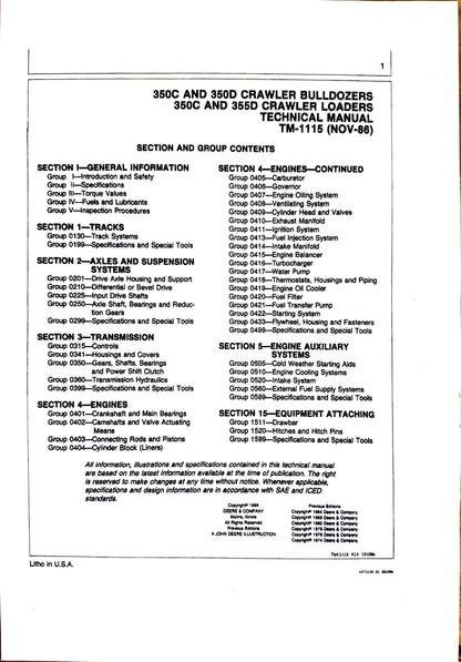John Deere 350C, 350D crawler bulldozer, 350C, 355D crawler loader technical manual -  TM1115 - digital version