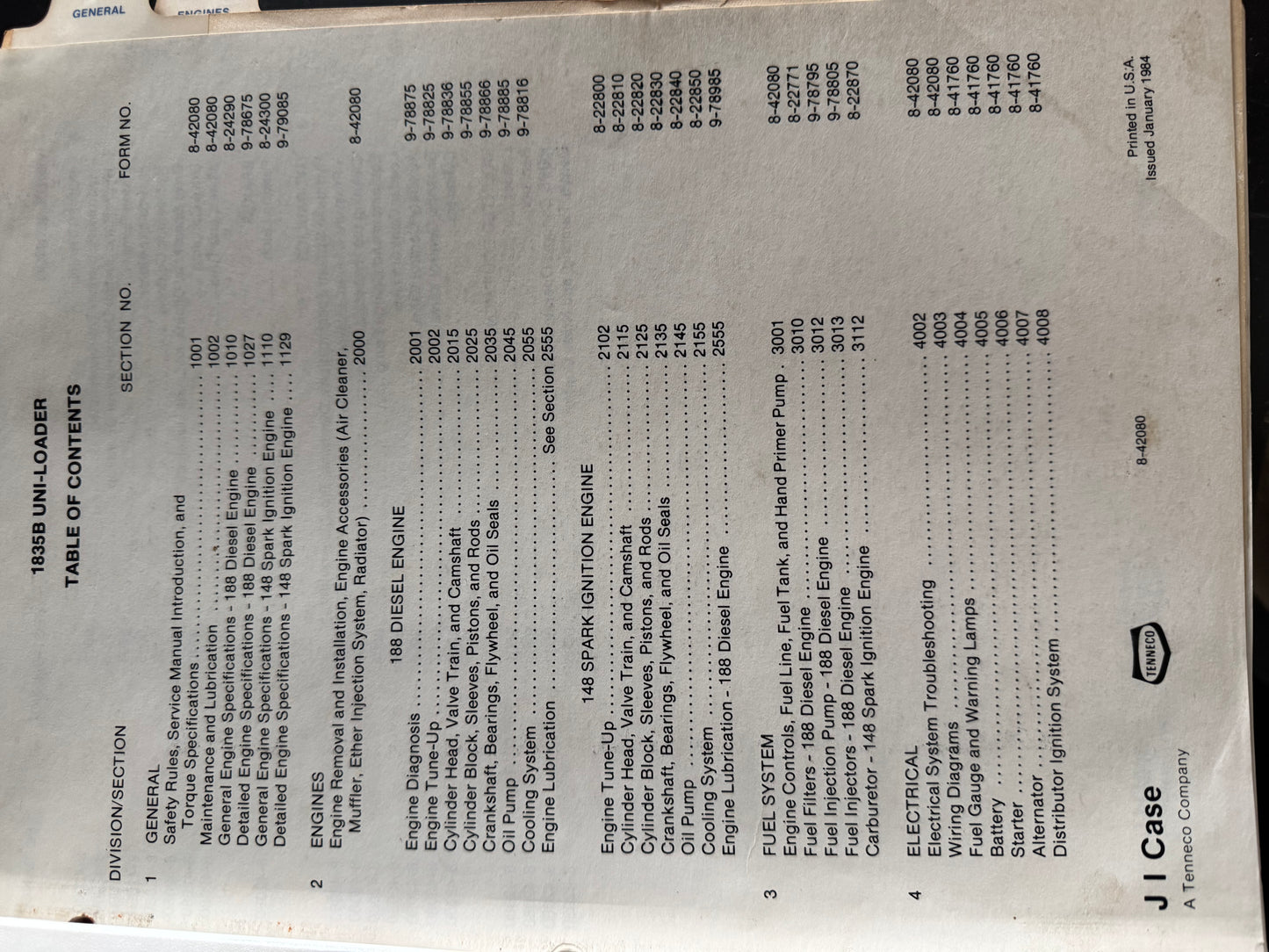 Case 1835B  Uni-loader service manual 8-42080 - physical product