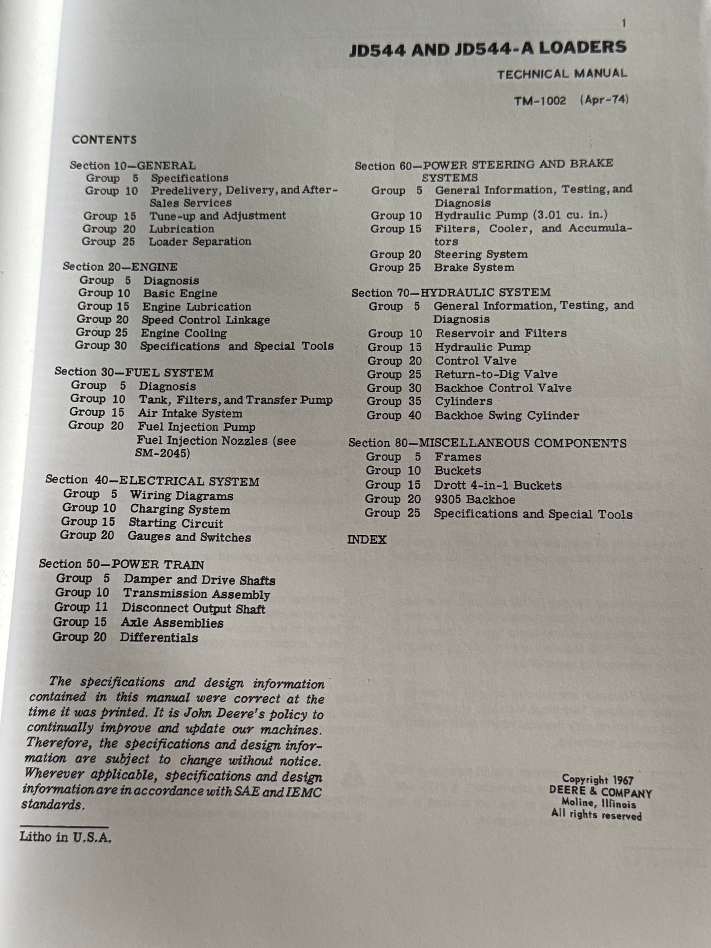 John Deere JD544 and JD544-A Loaders Technical manual  TM1002 - physical product
