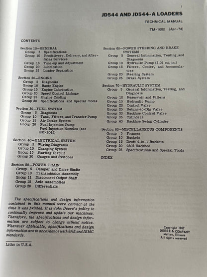 John Deere JD544 and JD544-A Loaders Technical manual  TM1002 - physical product