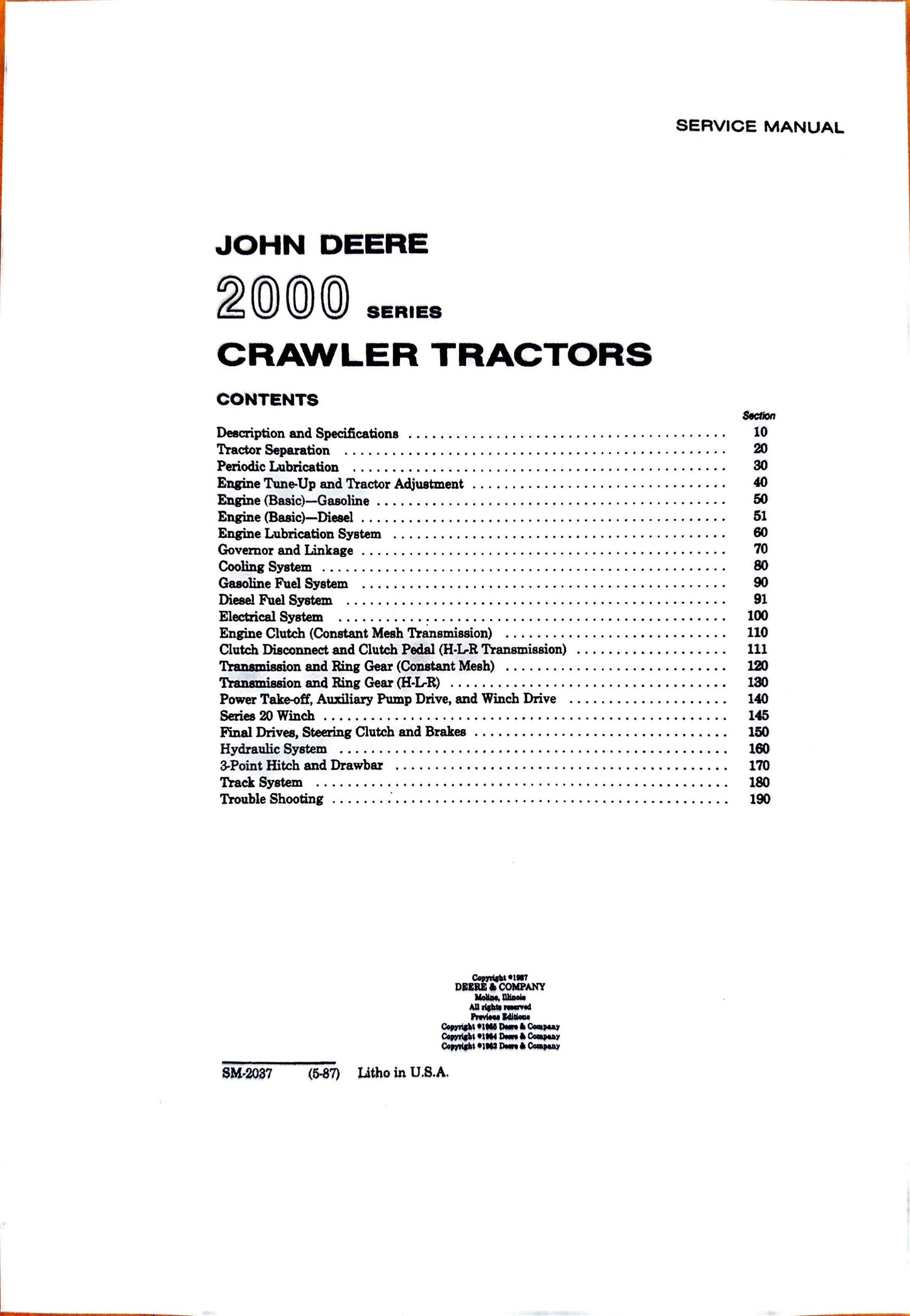 John Deere Series 2000 Crawler tractors SM2037 Service Manual - digital version