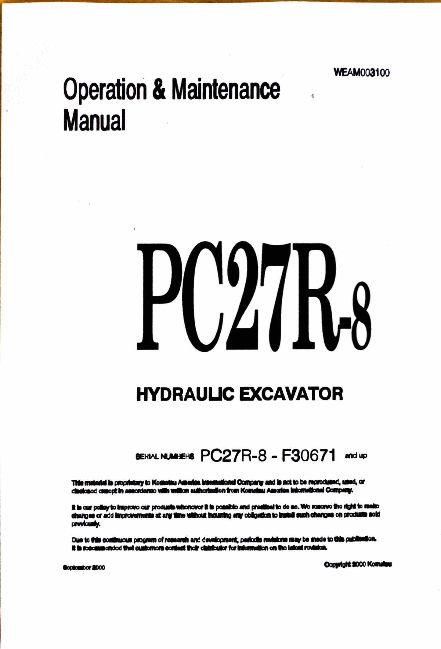 Komatsu PC27R-8 hydraulic excavator Operation and Maintenance manual WEAM003100- digital version