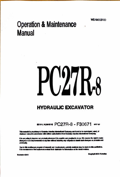 Komatsu PC27R-8 hydraulic excavator Operation and Maintenance manual WEAM003100- digital version