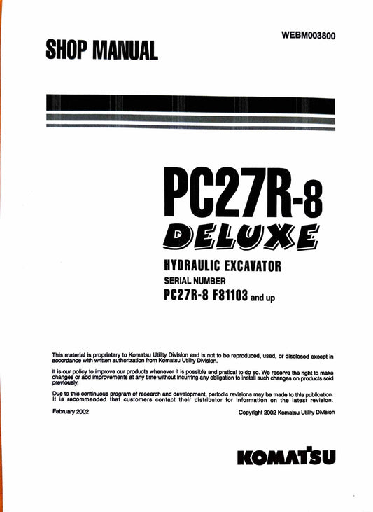 Komatsu PC27R-8 Deluxe hydraulic excavator Shop Manual  WEBM003800 - digital version