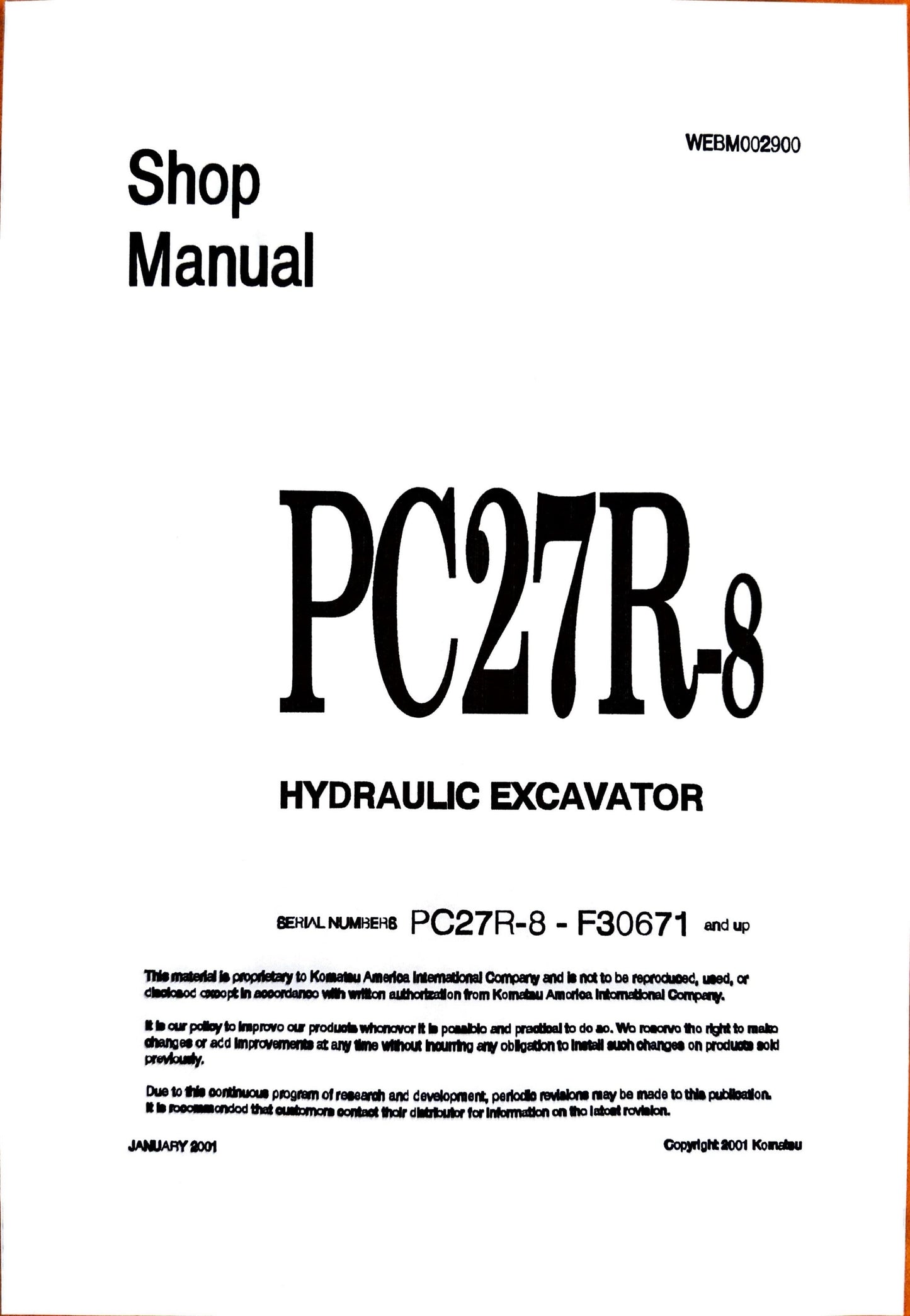 Komatsu PC27R-8 hydraulic excavator Shop Manual  WEBM002900 - digital version