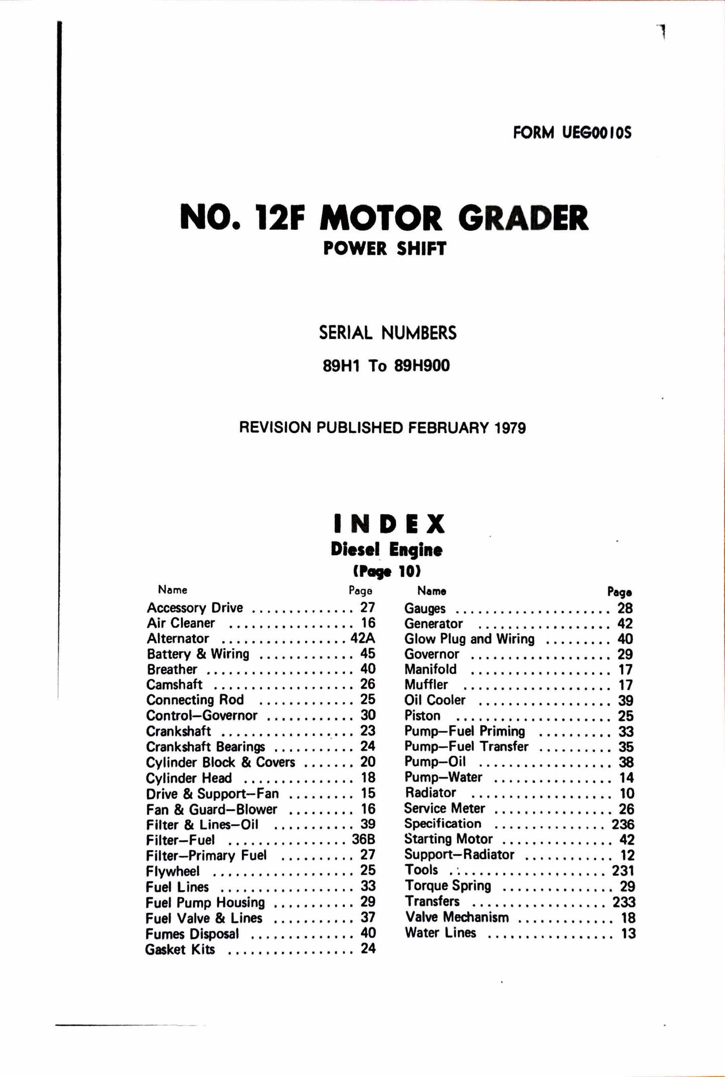 Caterpillar 12F Motor Grader Parts manual, serial numbers 89H1 to 89H900 -  digital version