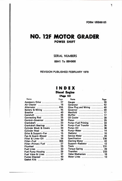 Caterpillar 12F Motor Grader Parts manual, serial numbers 89H1 to 89H900 -  digital version