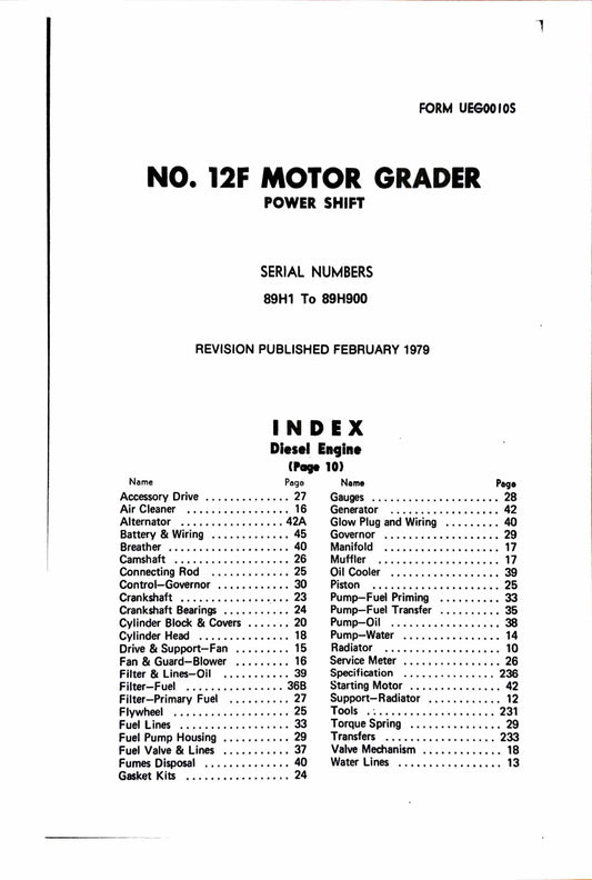 Caterpillar 12F Motor Grader Parts manual, serial numbers 89H1 to 89H900 -  digital version