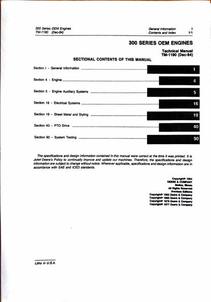John Deere 300 Series OEM Engines Technical Manual TM1190 - digital version