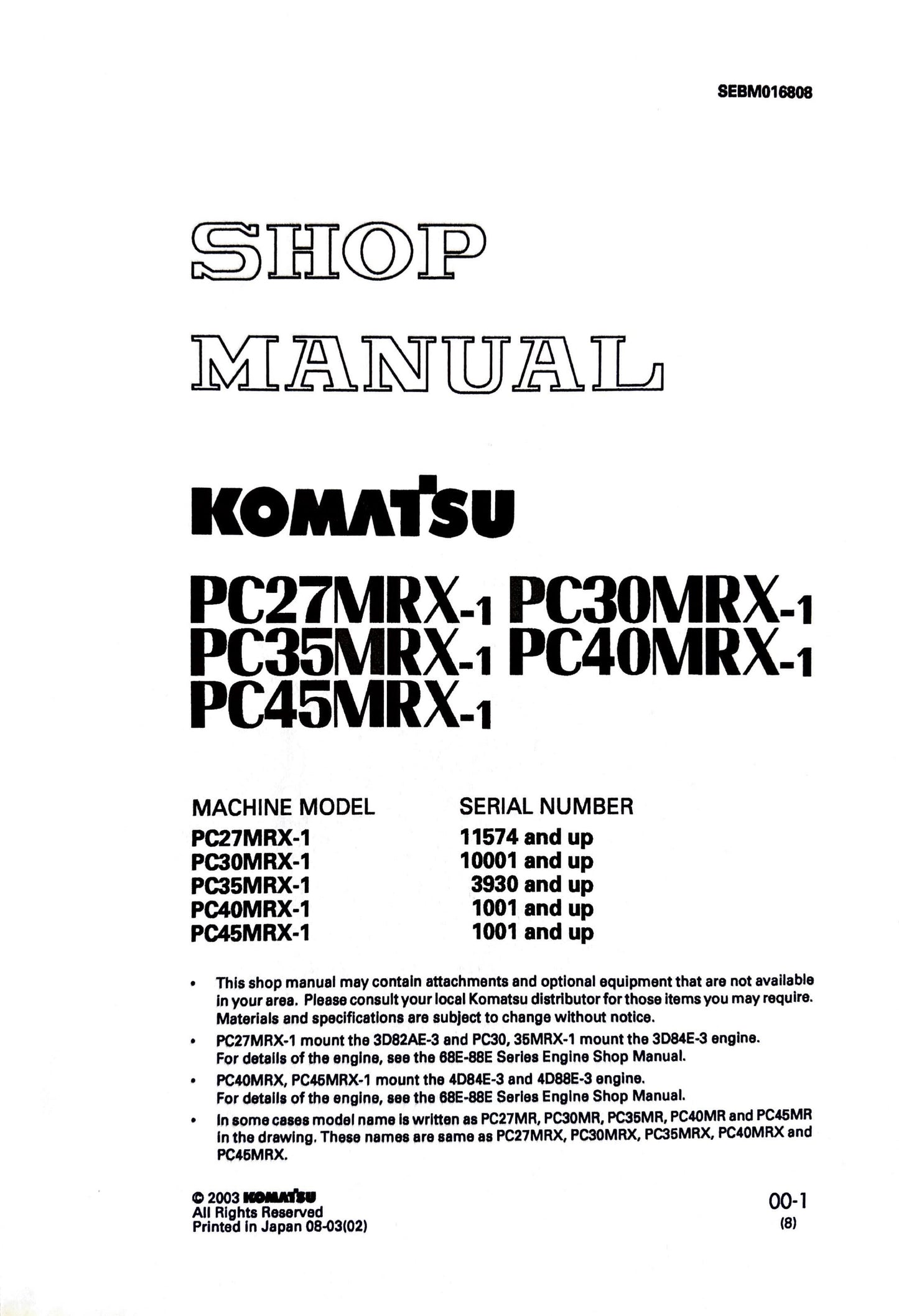 Komatsu PC27MRX-1, PC30MRX-1, PC35MRX-1, PC40MRX-1, PC45MRX-1 Shop Manual SEBM016808- digital version