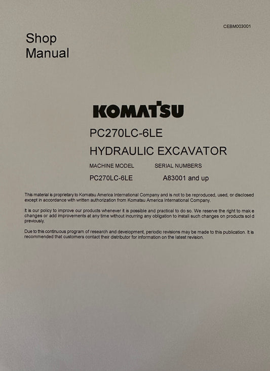 Komatsu PC270LC-6LE Hydraulic Excavator s/n A83001 and up -  Shop Manual - CEBM003001 Digital version