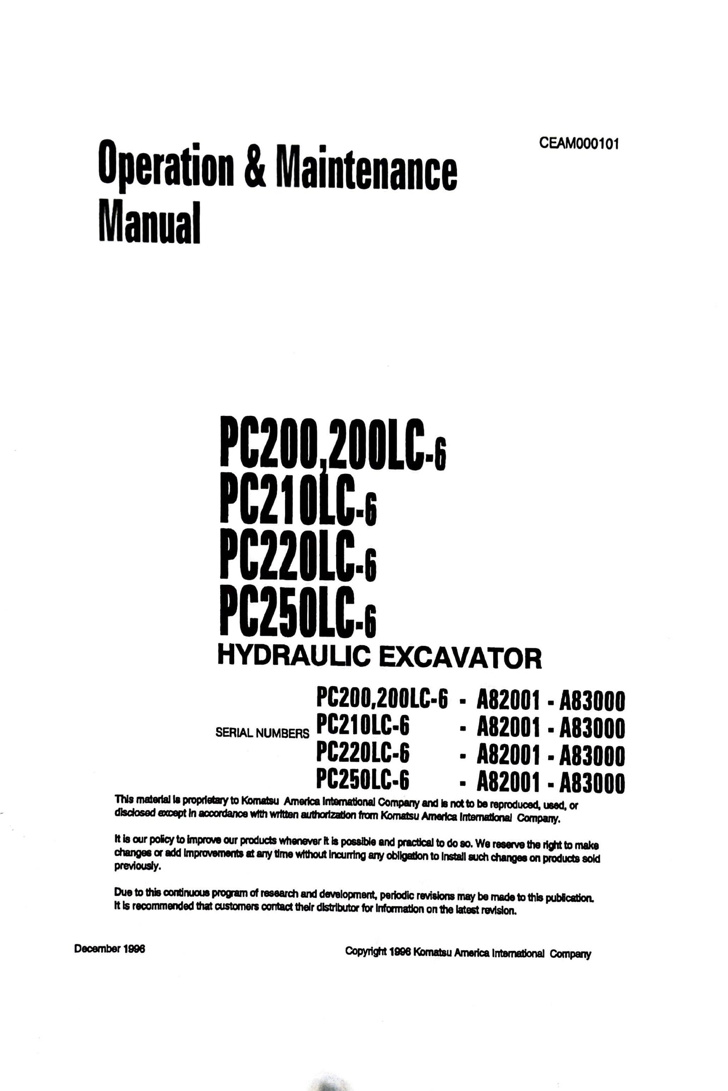 Komatsu PC200, PC200LC-6, PC210LC-6, PC220LC-6, PC250LC-6 Hydraulic Excavators Operation & Maintenance Manual - CEAM000101  Digital version