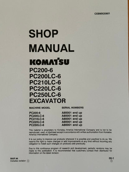 Komatsu PC200-6, PC200LC-6, PC210LC-6, PC220LC-6, PC250LC-6 Excavators Shop Manual - CEBMX20601  Digital version